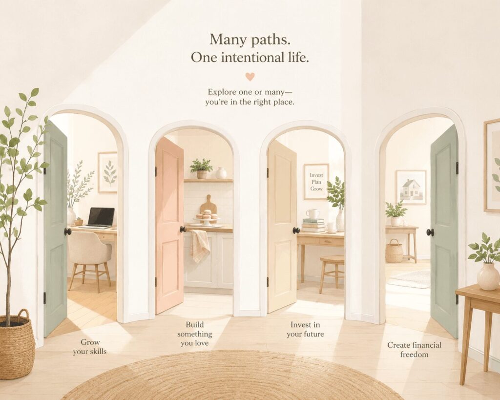 hallway with multiple doors leading to different rooms for different parts of life like growing skills, building something you love, investing in the future, and creating financial freedom