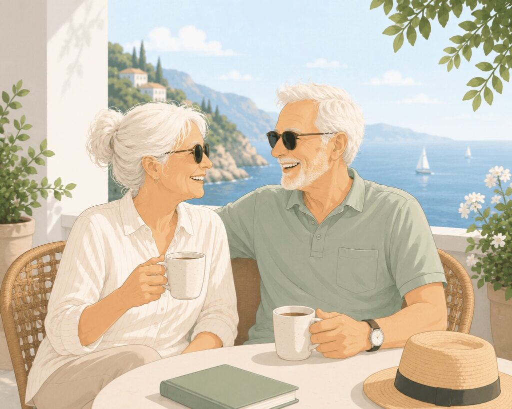 retired couple enjoying coffee on vacation