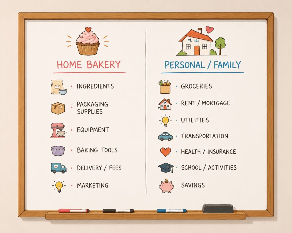separate home bakery finances - white board with expenses split between personal and bakery
