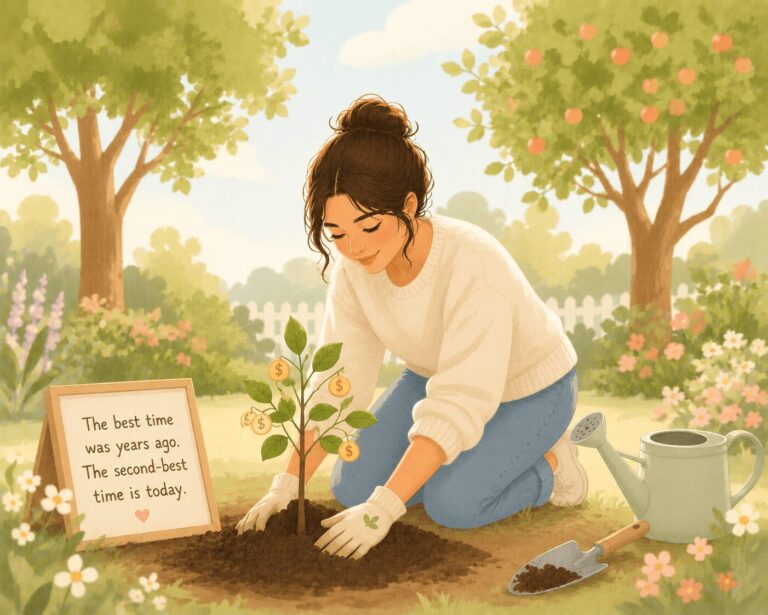 Is It Too Late to Catch Up Financially in Your 30s or 40s - Illustration of a woman kneeling in a bright, peaceful garden as she plants a small money tree with coin-shaped leaves. Mature trees and blooming flowers surround her, symbolizing that financial growth can begin at any stage of life. The cozy pastel illustration features soft natural light, warm neutral tones, and a simple storybook style that conveys hope, patience, and the idea that it's never too late to start building wealth.