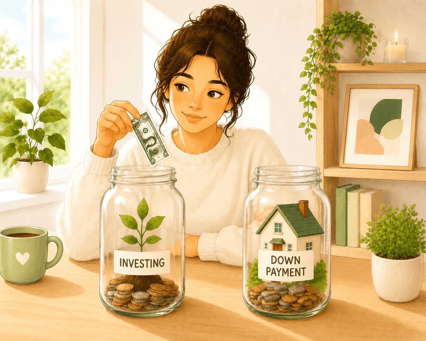 Should You Stop Investing to Save for a Down Payment: Illustration of a woman in a cozy, sunlit home office holding a dollar bill above two glass savings jars as she decides between investing and saving for a home down payment. One jar contains coins and a growing plant labeled "Investing," while the other contains coins and a miniature house labeled "Down Payment." The bright, warm scene features soft pastel colors, houseplants, and minimalist decor, symbolizing the financial decision between continuing to invest and saving for a future home purchase.