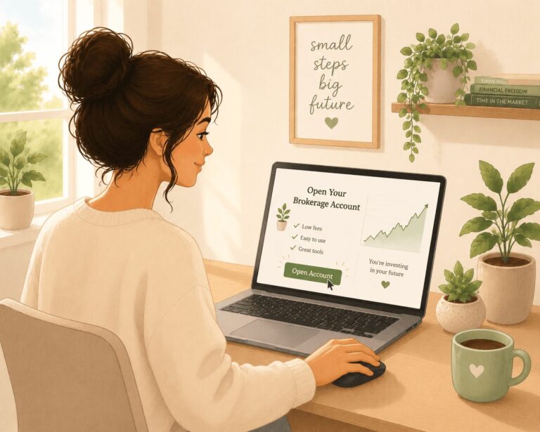 Stop Overthinking Your Brokerage Choice - Illustration of a woman sitting at a cozy home office desk using a computer mouse to click an "Open Account" button on a brokerage website displayed on her laptop. A mouse cursor hovers over the button while a simple upward-trending stock chart appears on the screen. Soft natural light, houseplants, and warm neutral decor create a calm, inviting workspace that symbolizes taking the first step toward investing.